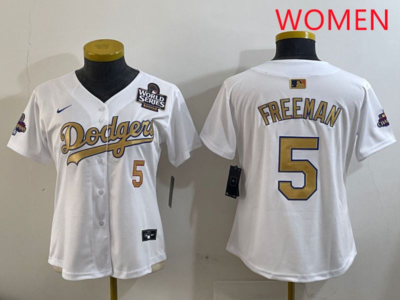 Women Los Angeles Dodgers #5 Freeman White Champion gold character 2025 Nike MLB Jersey style 3